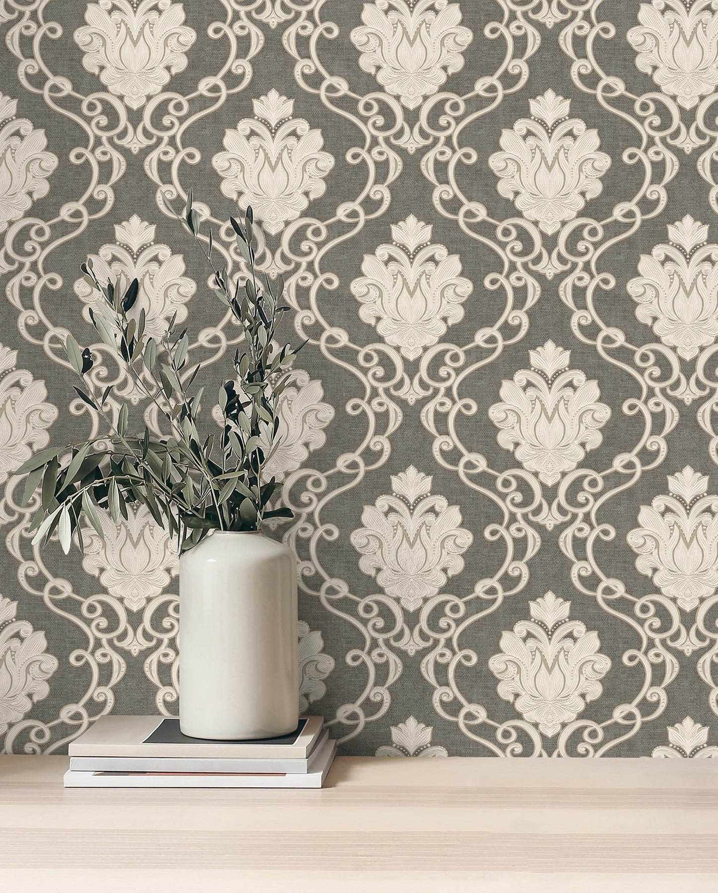 Fine Decor Florentine Charcoal Damask Wallpaper, 20.9-in by 33-ft