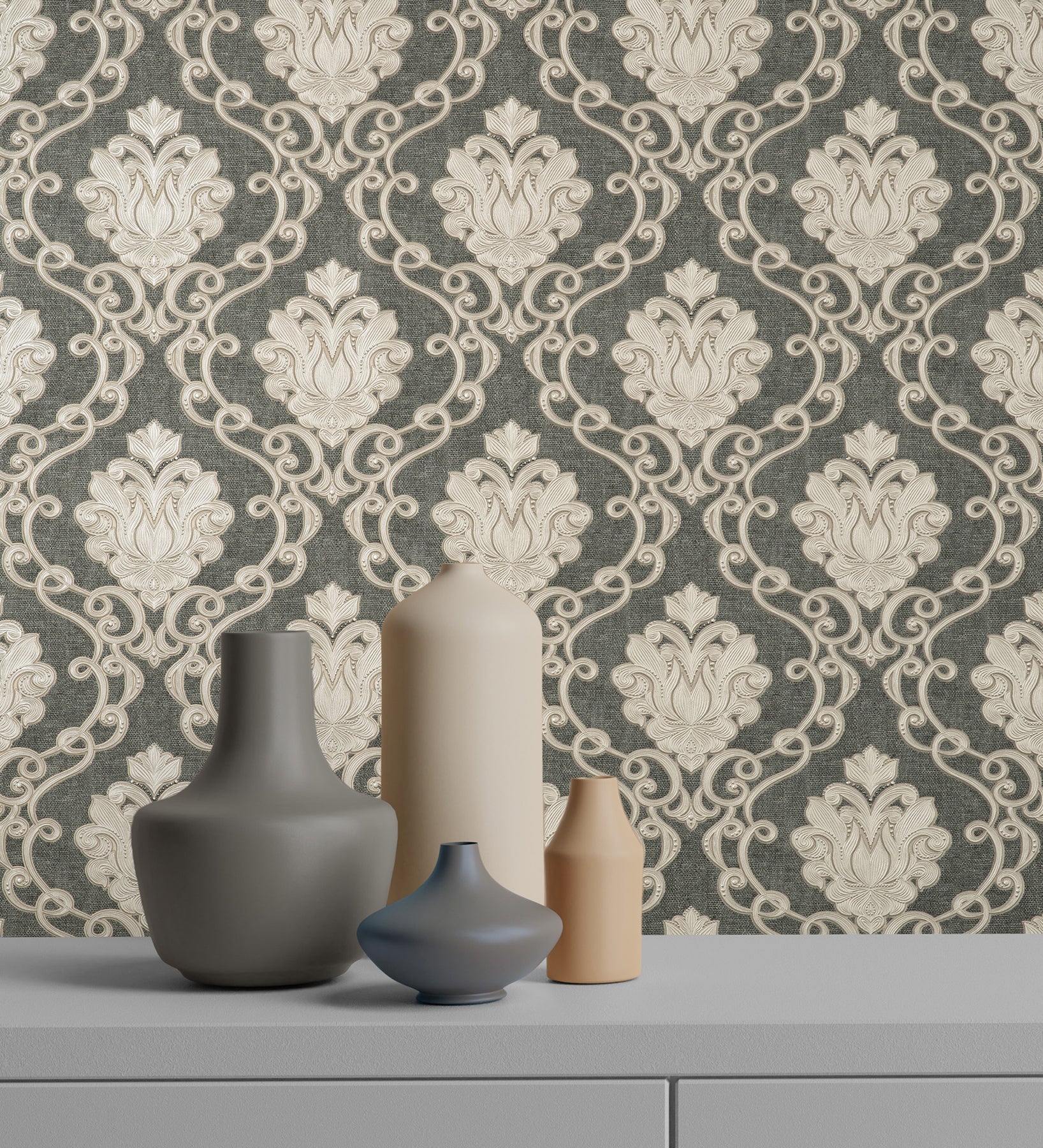 Fine Decor Florentine Charcoal Damask Wallpaper, 20.9-in by 33-ft