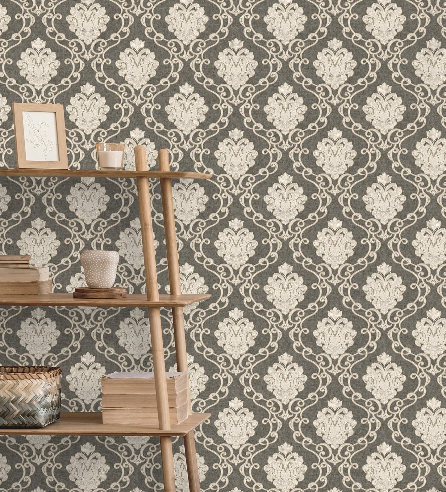 Fine Decor Florentine Charcoal Damask Wallpaper, 20.9-in by 33-ft