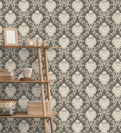 Fine Decor Florentine Charcoal Damask Wallpaper, 20.9-in by 33-ft