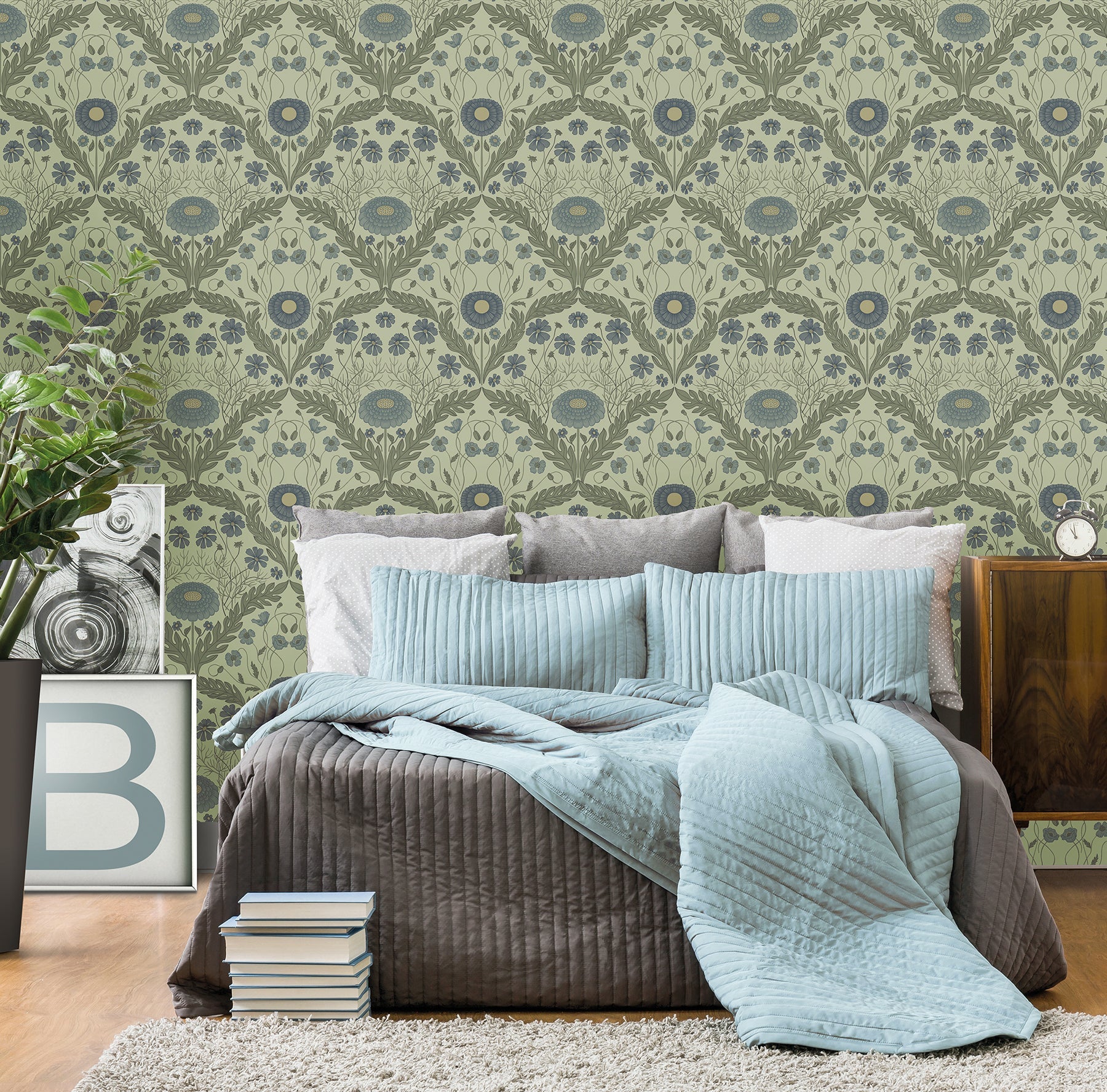 Midbec Marguerite Green Damask Wallpaper, 20.5-in by 33-ft