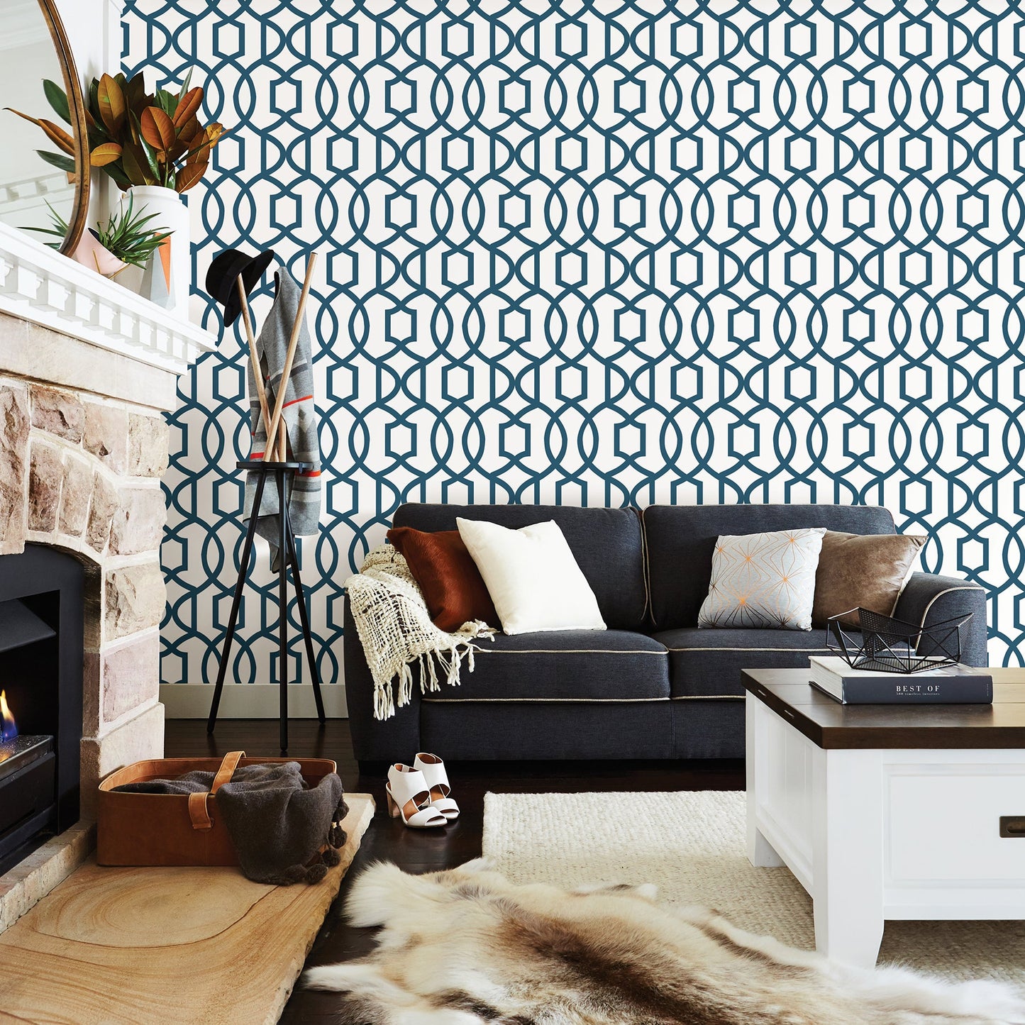 NuWallpaper  Navy Grand Trellis P&S Wallpaper, 20.5-in by 18-ft