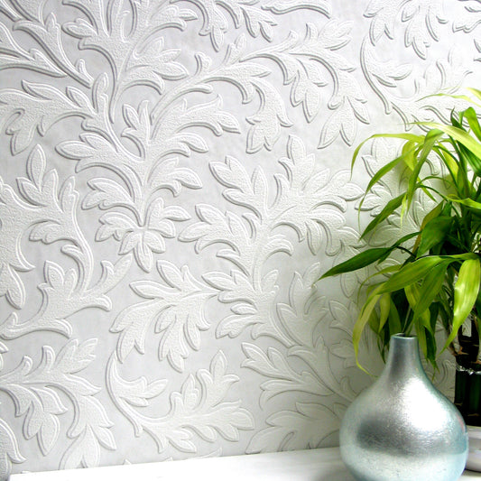 Brewster High Leaf White Paintable Textured Vinyl Wallpaper, 20.5-in by 33-ft