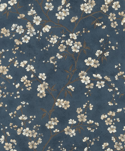 Rasch Tsubomi Blue Cherry Blossom Wallpaper, 20.9-in by 33-ft