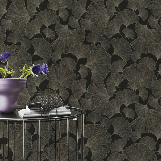 Rasch Waft Black Ginkgo Wallpaper, 20.9-in by 33-ft