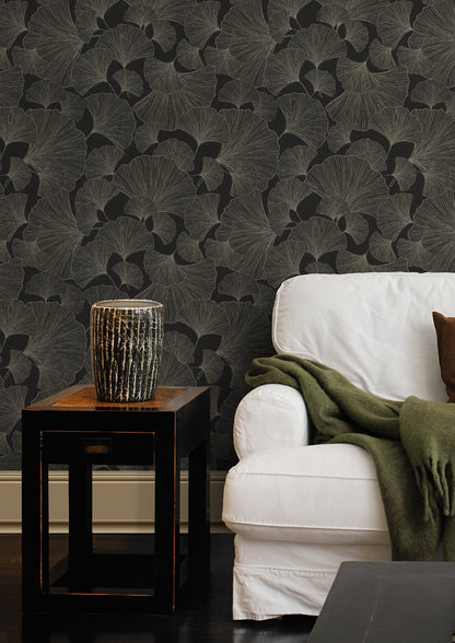 Rasch Waft Black Ginkgo Wallpaper, 20.9-in by 33-ft