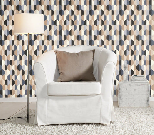 Rasch Anthony Blue Wooden Hexagon Wallpaper, 20.9-in by 33-ft