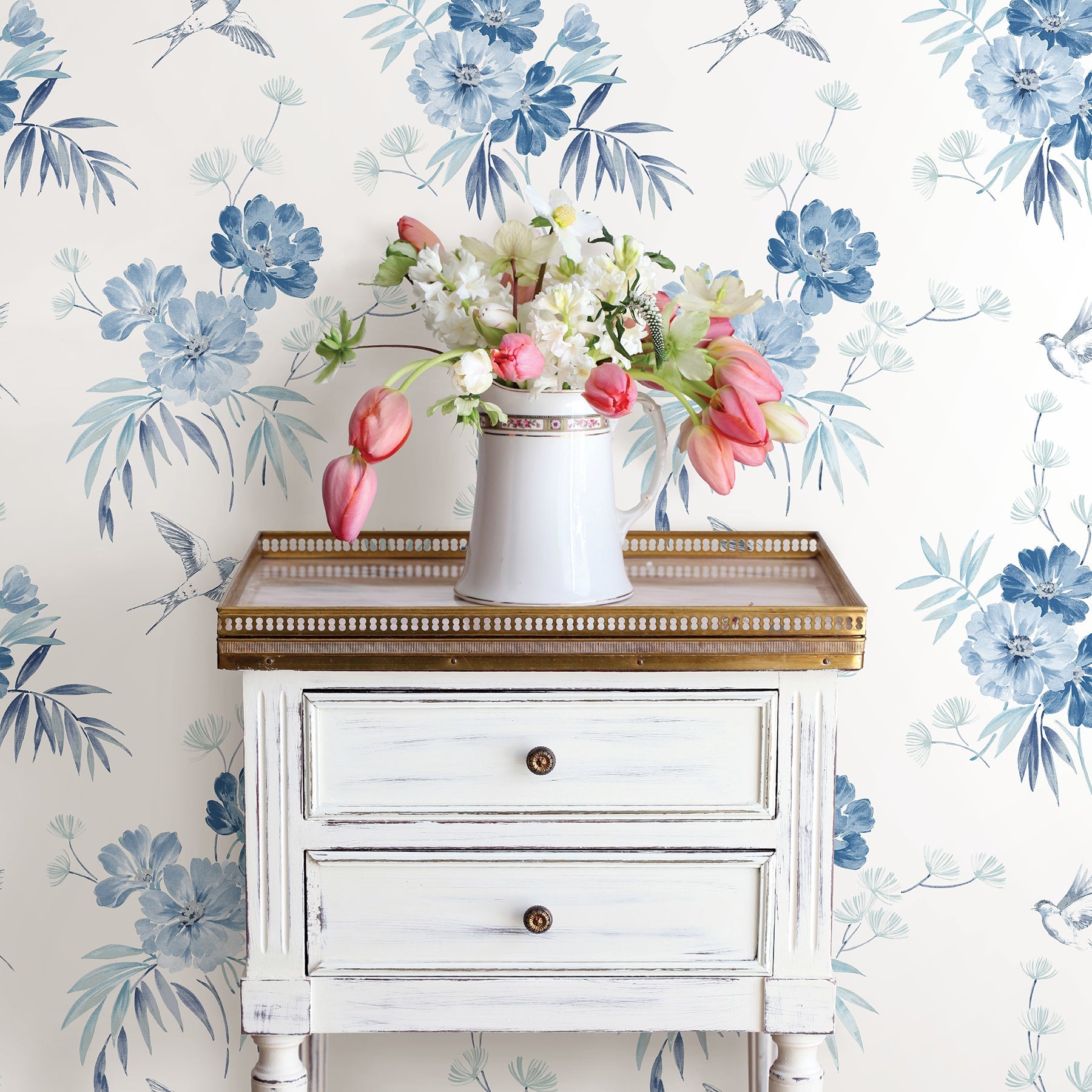 Brewster Deja Blue Floral Wallpaper, 20.5-in by 33-ft