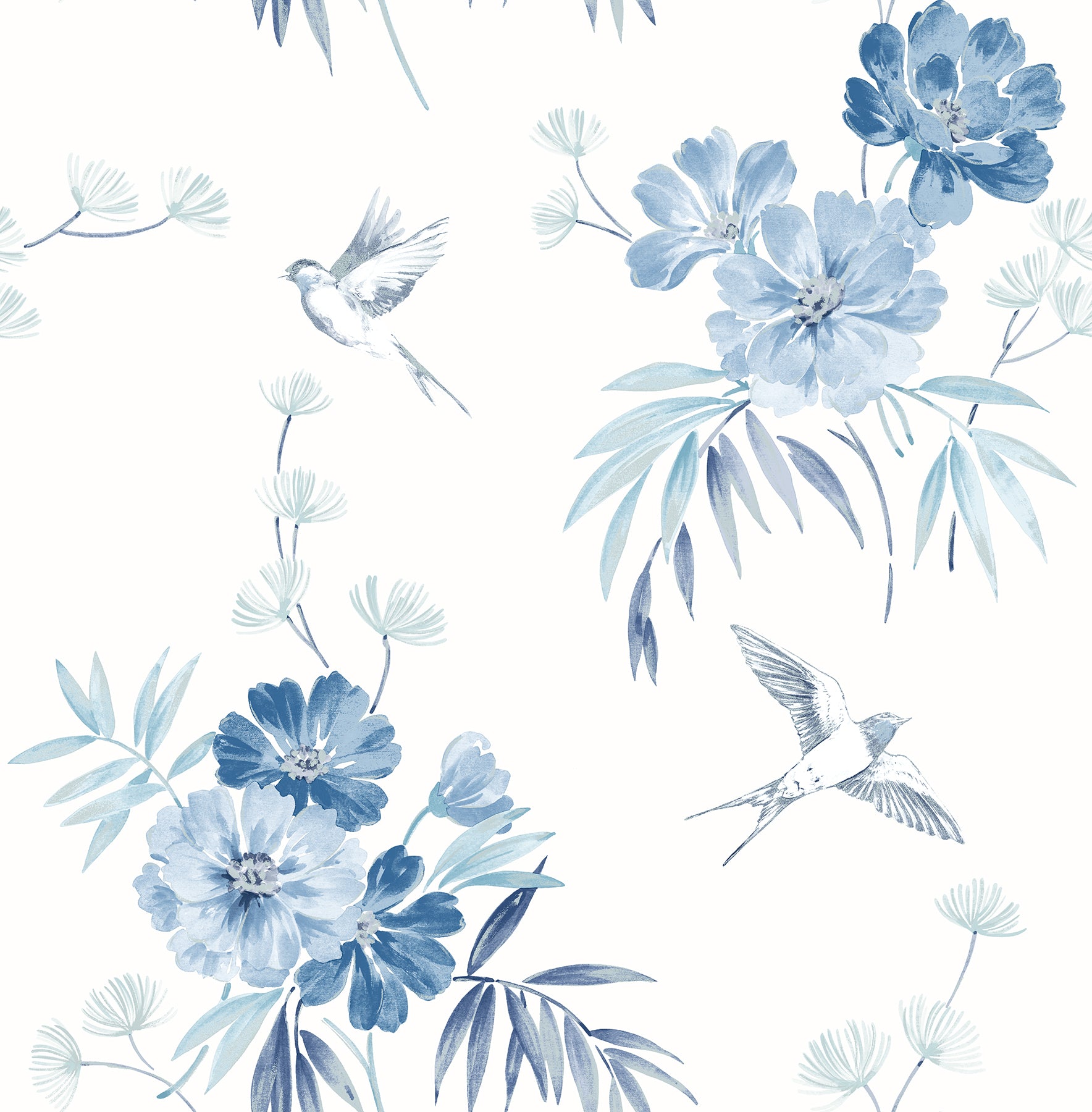 Brewster Deja Blue Floral Wallpaper, 20.5-in by 33-ft