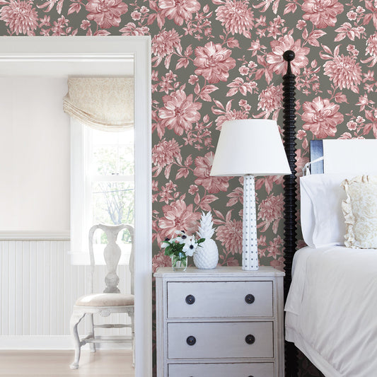 Brewster Gabriela Raspberry Floral Wallpaper, 20.5-in by 33-ft