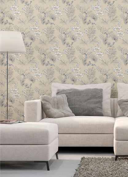 ohpopsi Shelly Grey Toucan Toile Wallpaper, 19.7-in by 33-ft