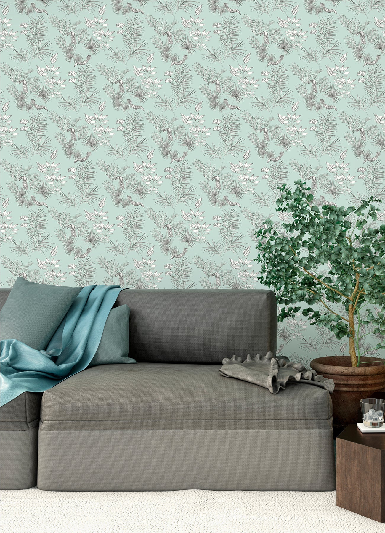 ohpopsi Shelly Mint Toucan Toile Wallpaper, 19.7-in by 33-ft