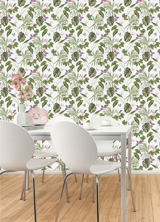 ohpopsi Clivia White Hummingbird Wallpaper, 19.7-in by 33-ft