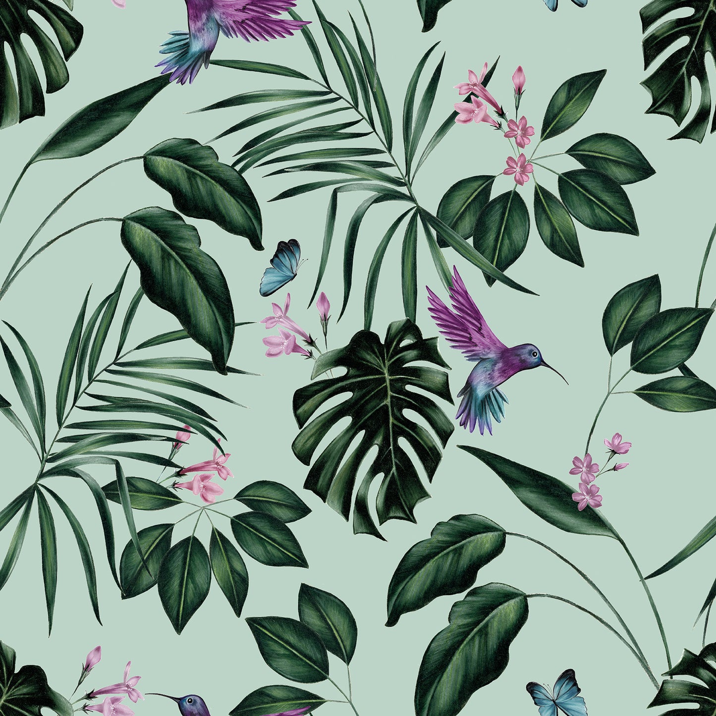 ohpopsi Clivia Mint Hummingbird Wallpaper, 19.7-in by 33-ft