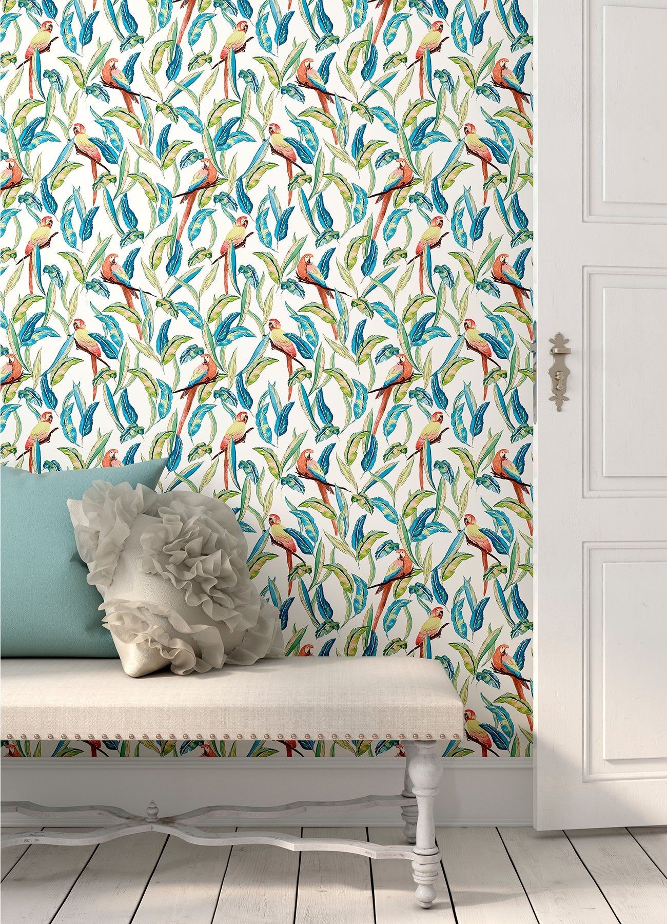 ohpopsi Timor White Tropical Parrot Wallpaper, 19.7-in by 33-ft