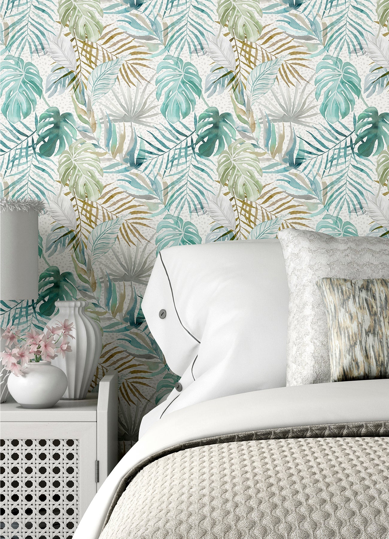 ohpopsi Lana Aqua Tropica Wallpaper, 19.7-in by 33-ft